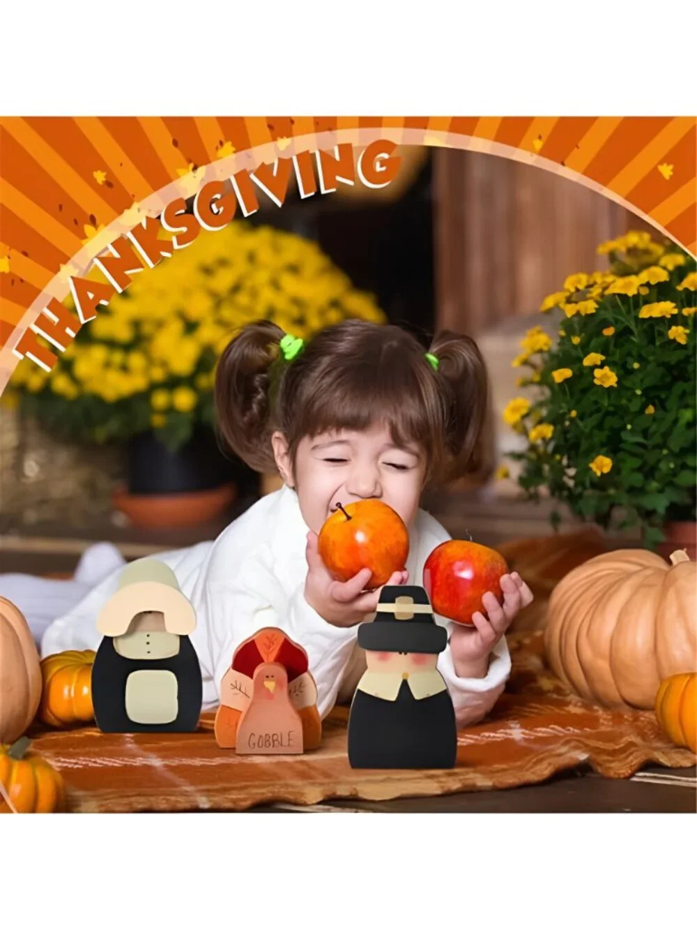 3 Pcs Thanksgiving Decor Fall Pilgrim Turkey Wooden Tabletop